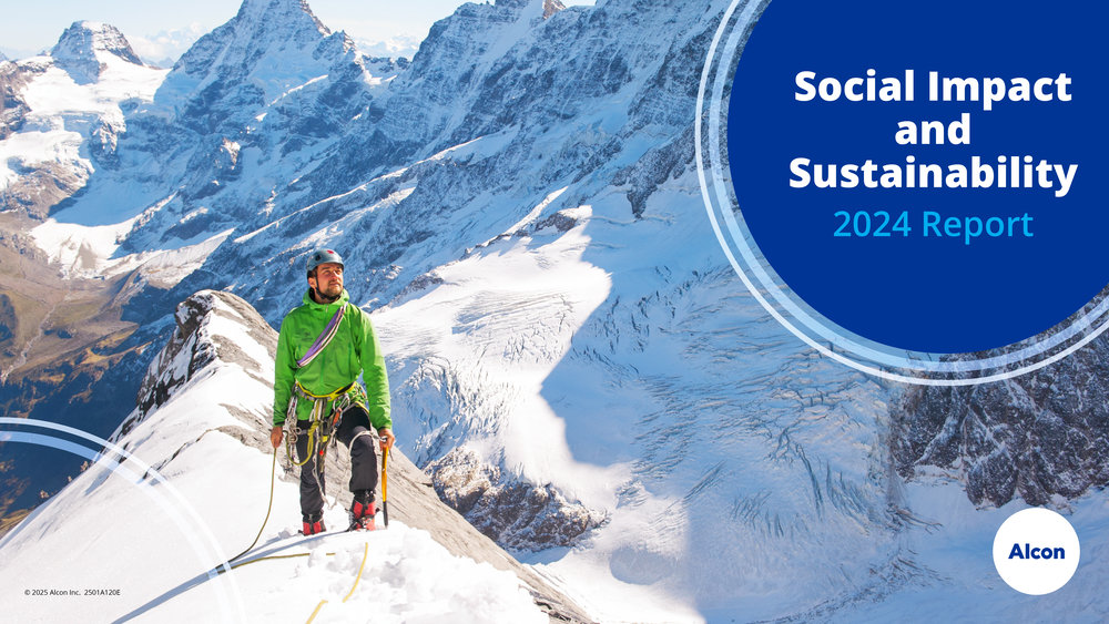 TThe cover of the Alcon 2024 Social Impact and Sustainability Report, showing a mountain climber standing on top of a snowy ridge.